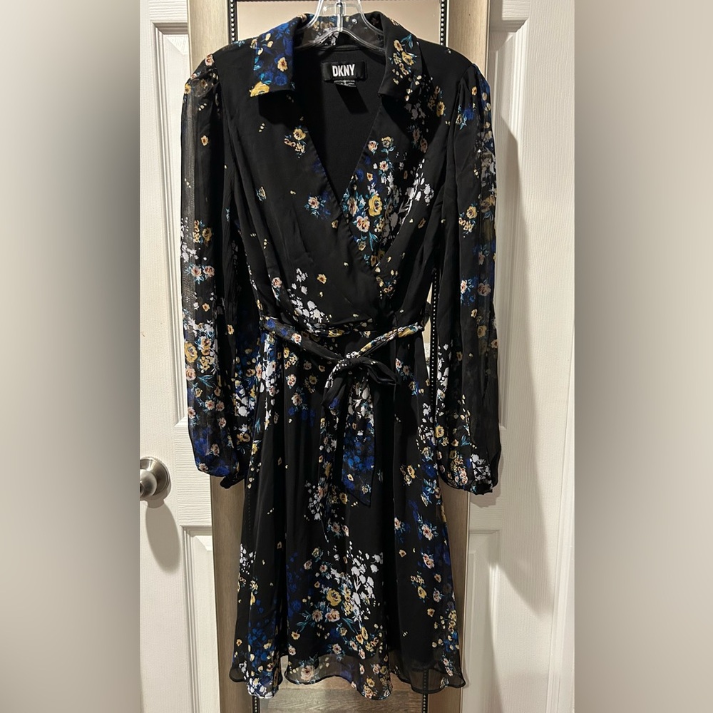 DKNY Black Dress with Blue and White Floral Design
